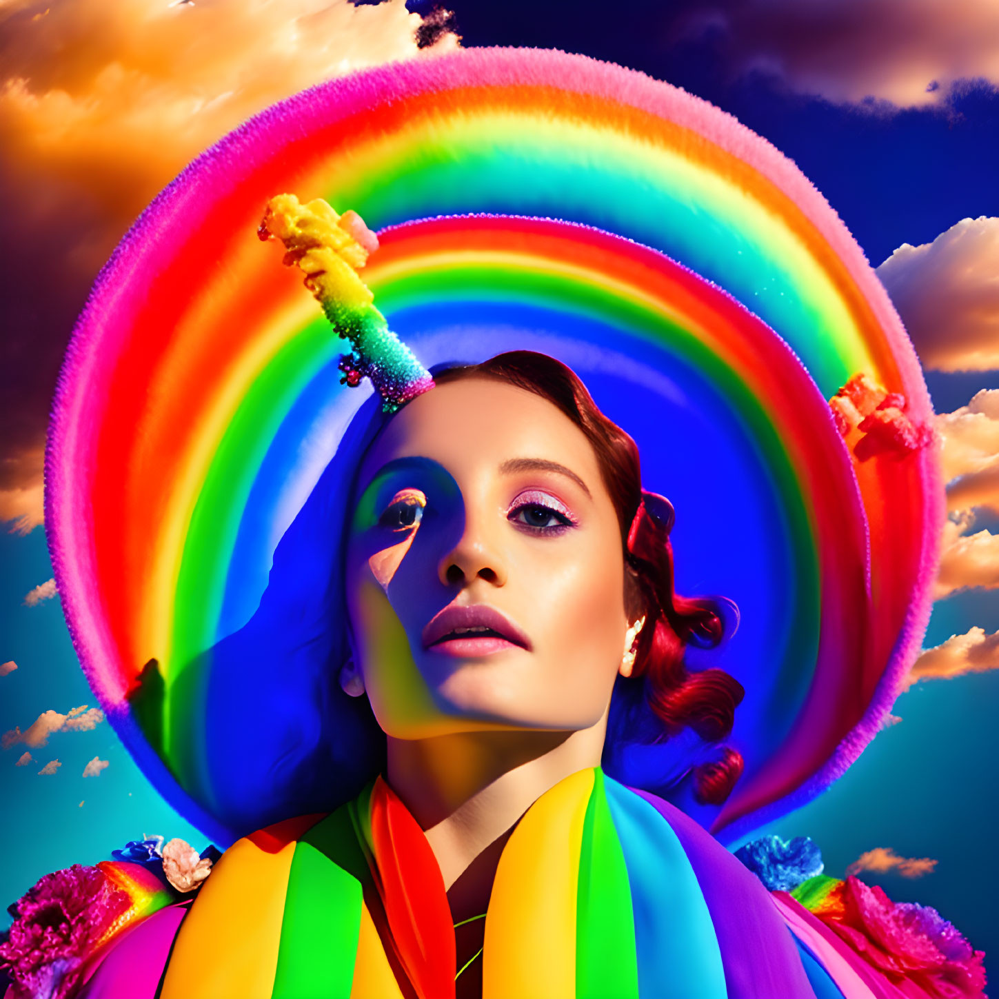 Vivid Portrait of Woman with Striking Makeup and Double Rainbow