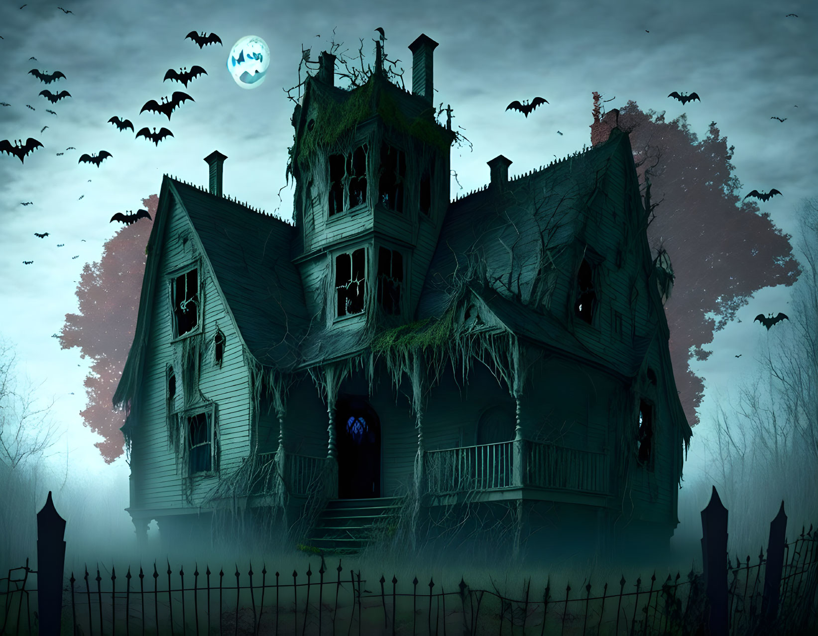 Spooky haunted house with bats, vines under moonlit sky