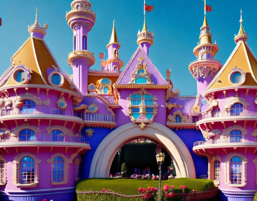 Colorful Pink and Purple Castle with Turrets and Flags against Blue Sky