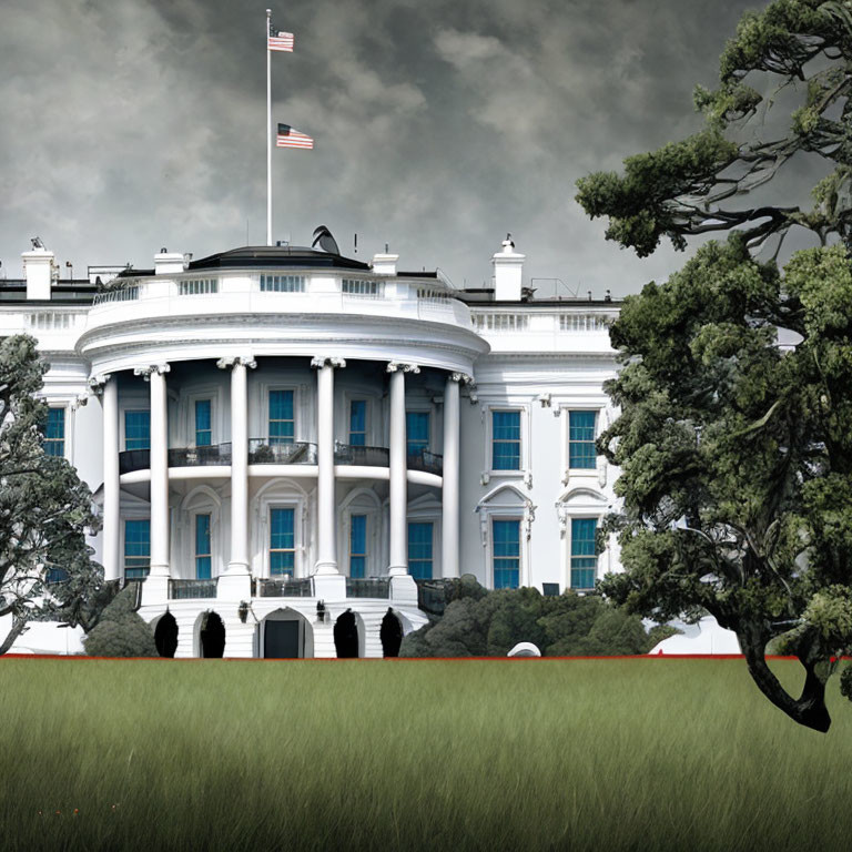 Neoclassical White House facade under stormy sky