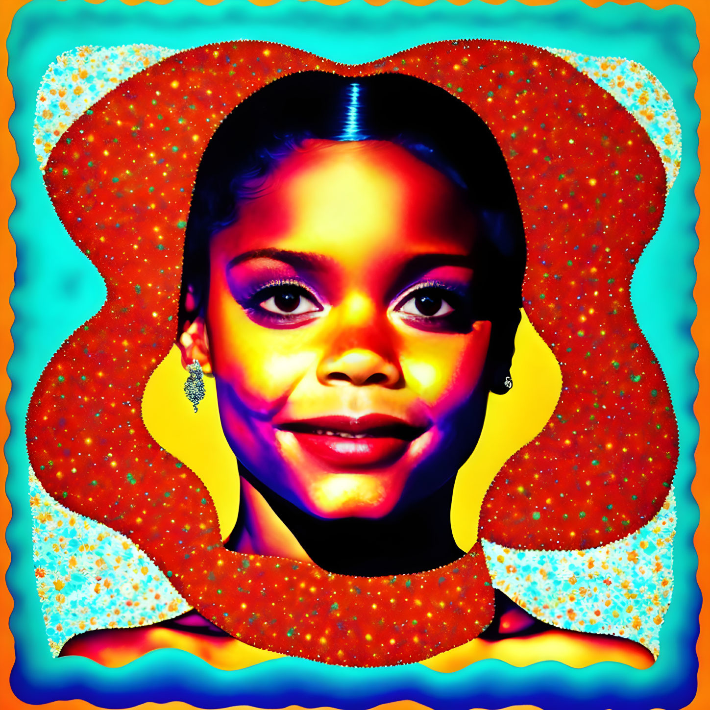 Colorful Pop Art Portrait of Smiling Woman with Orange Halo Background