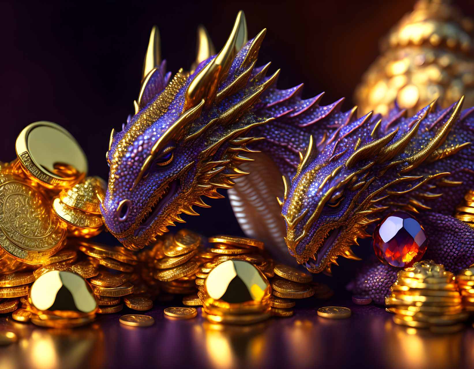 Detailed 3D-rendered dragons with gold coins and gems