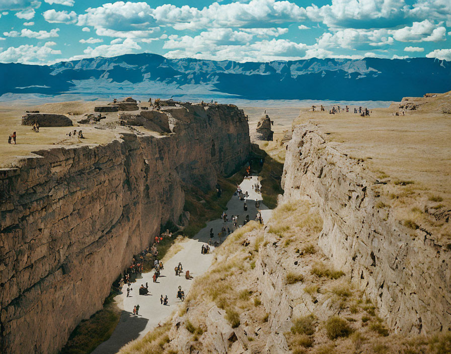 Panoramic view of deep canyon with visitors on grassy plateaus