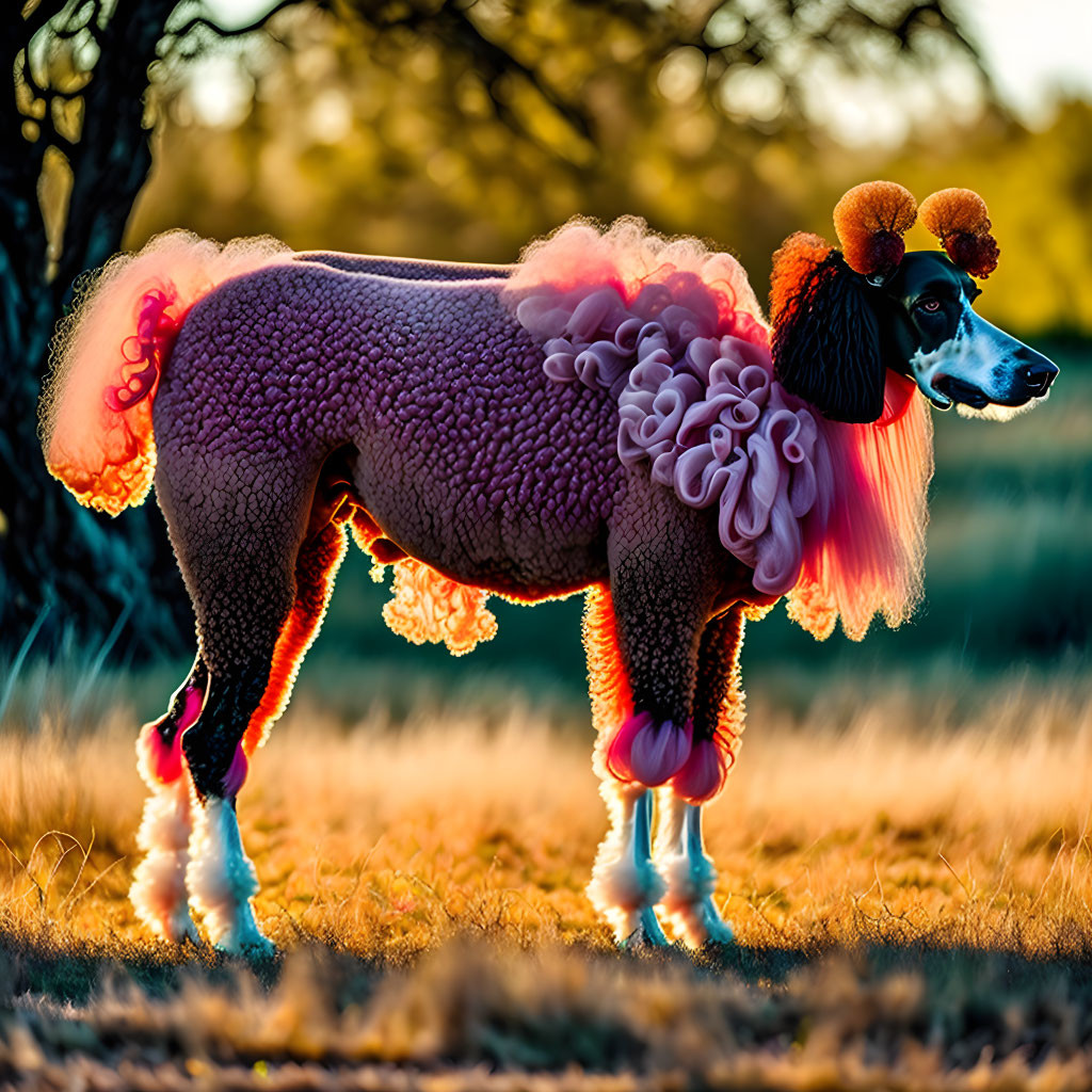 Colorful Stylized Haircut on Poodle in Golden Sunlight