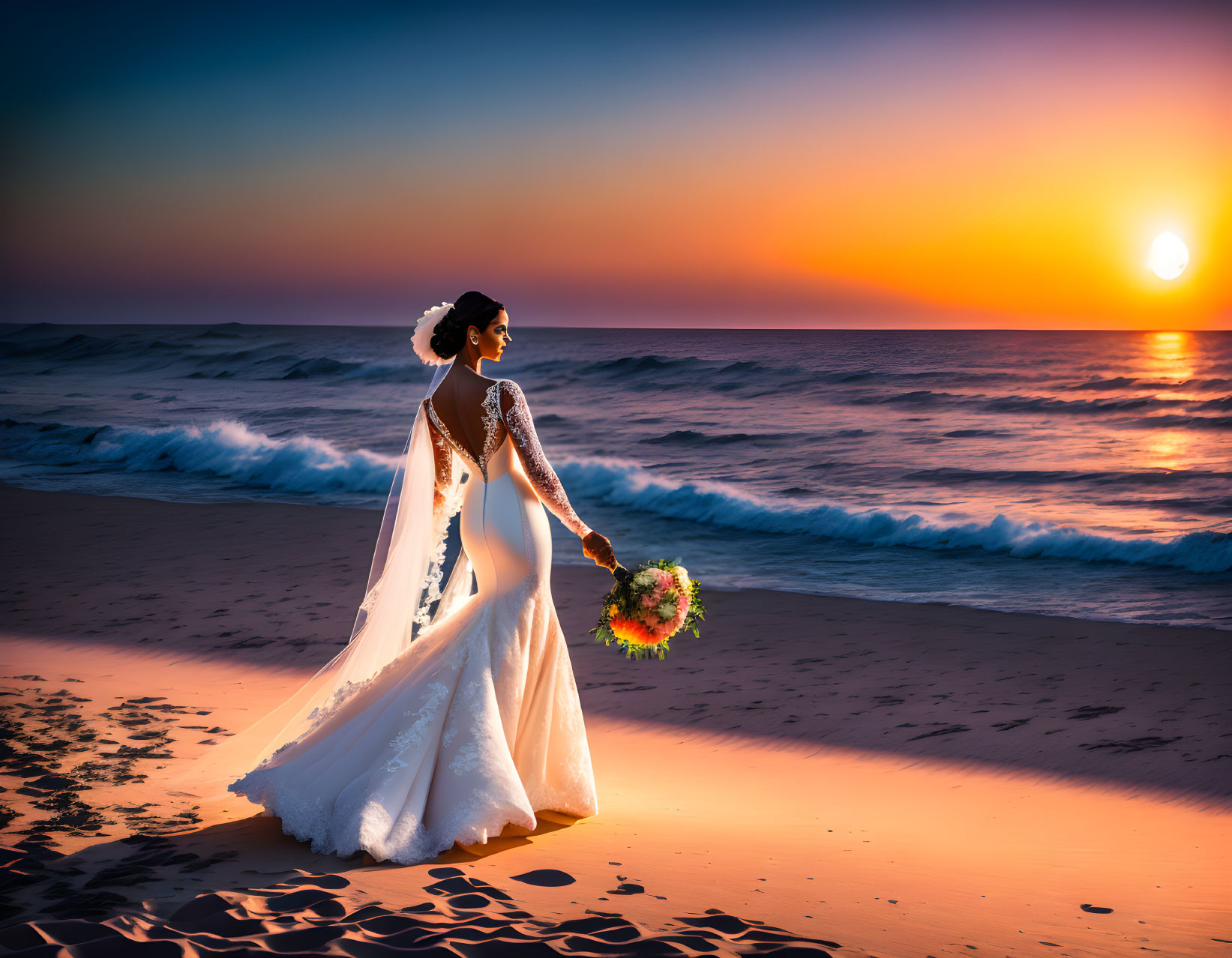 Bride in white gown with bouquet on beach at sunset