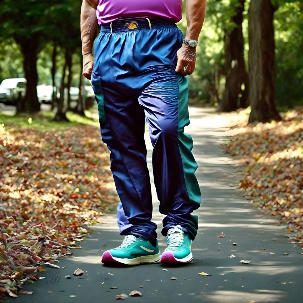 Person in park wearing blue track pants and colorful sneakers among green trees and fallen leaves