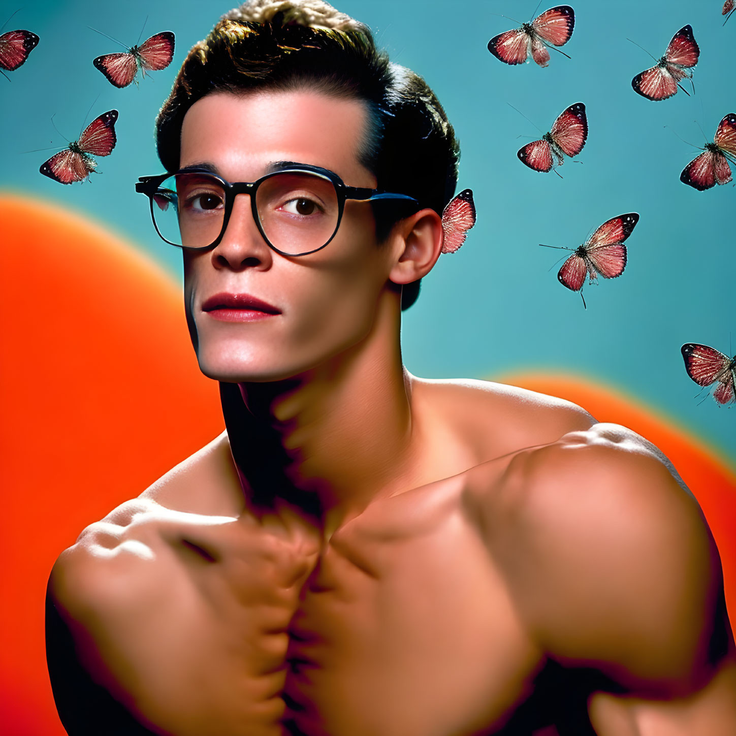 Muscular man with glasses in front of blue background with butterflies and orange circle