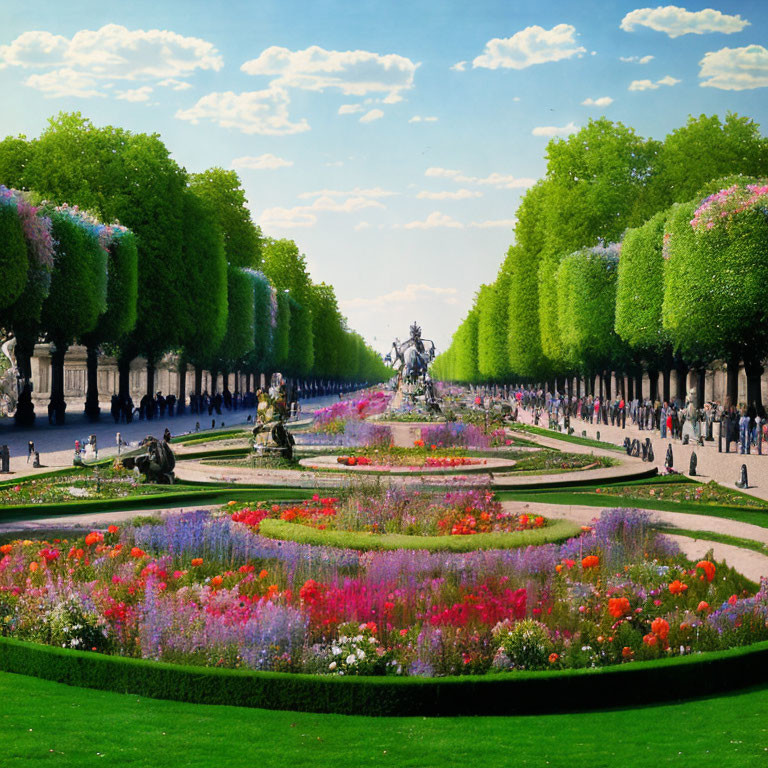 Symmetrical garden with colorful flowers, trees, and statue