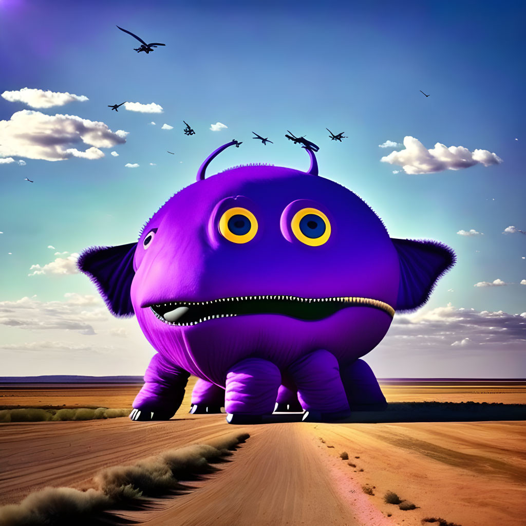 Purple Cartoon Monster with Yellow Eyes and Horns on Road under Blue Sky