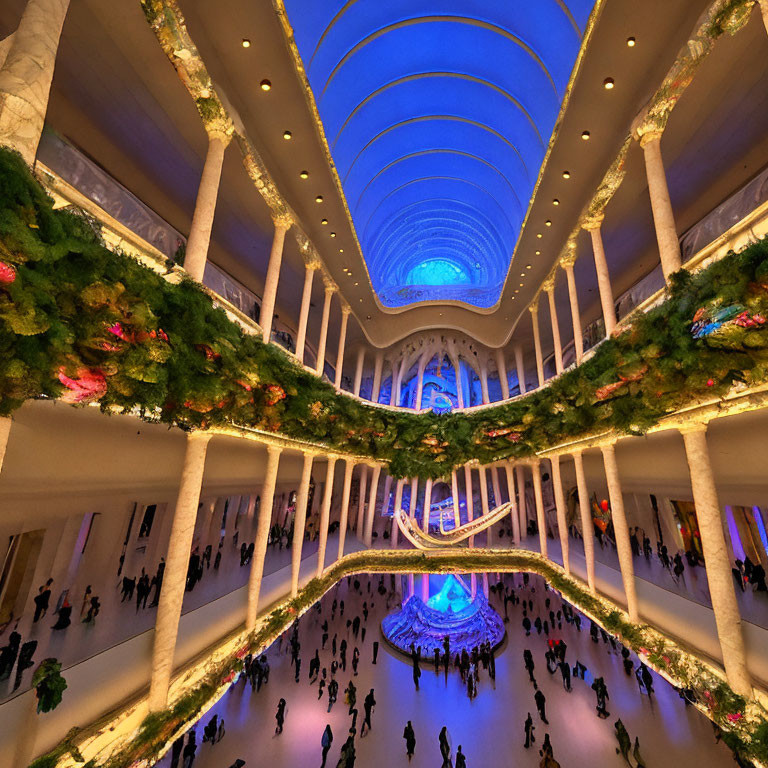 Grand Building Interior Adorned with Festive Lights and Garlands