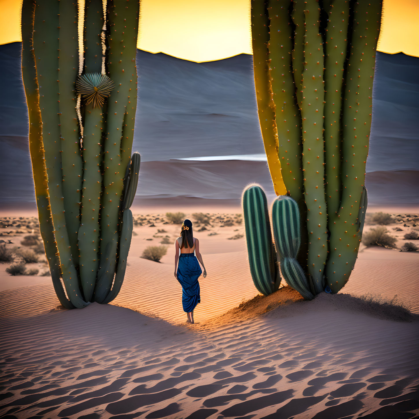 Woman in Blue Dress Walking Among Large Cacti in Desert Sunset or Sunrise