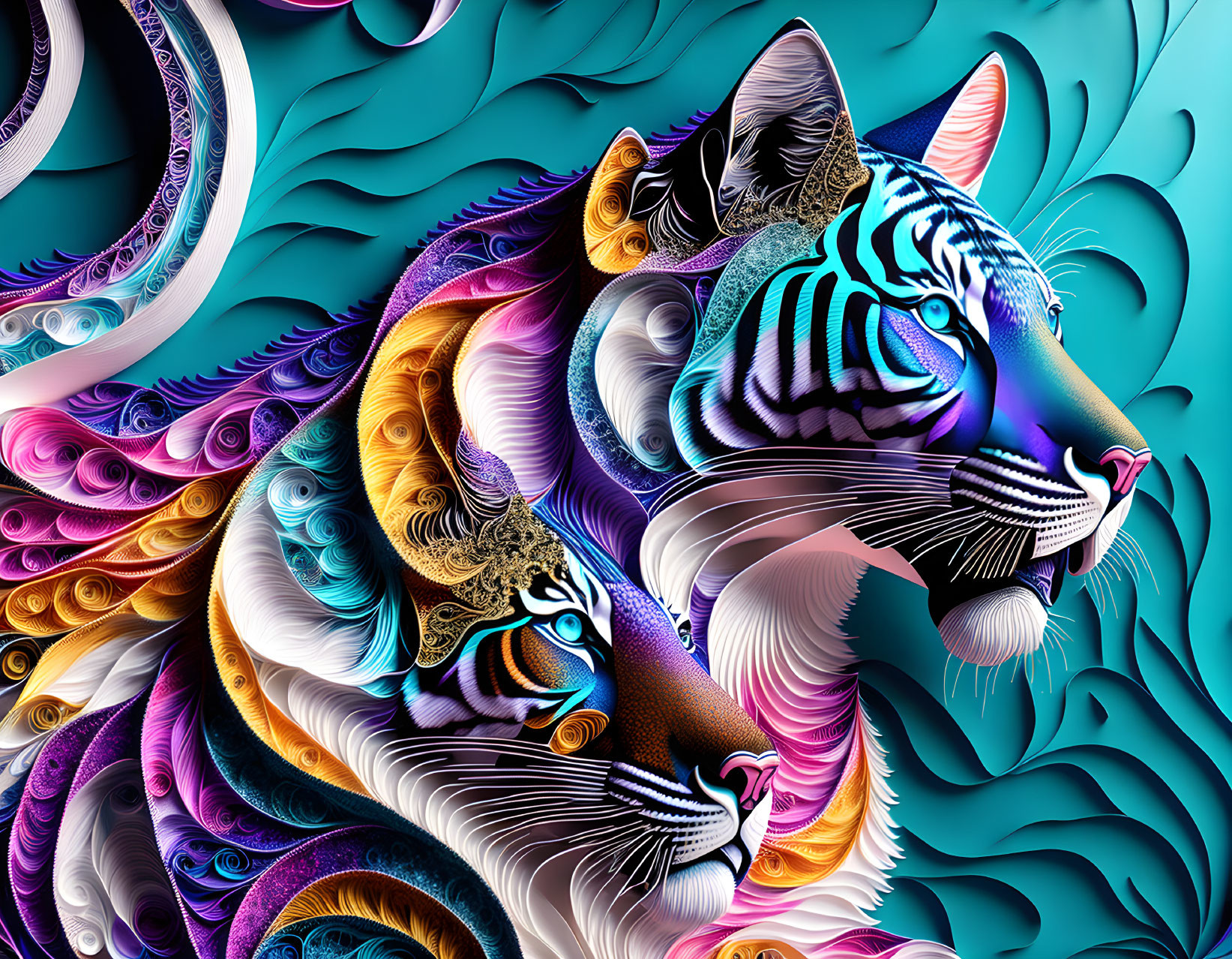 Colorful Stylized Tigers Art on Teal Background