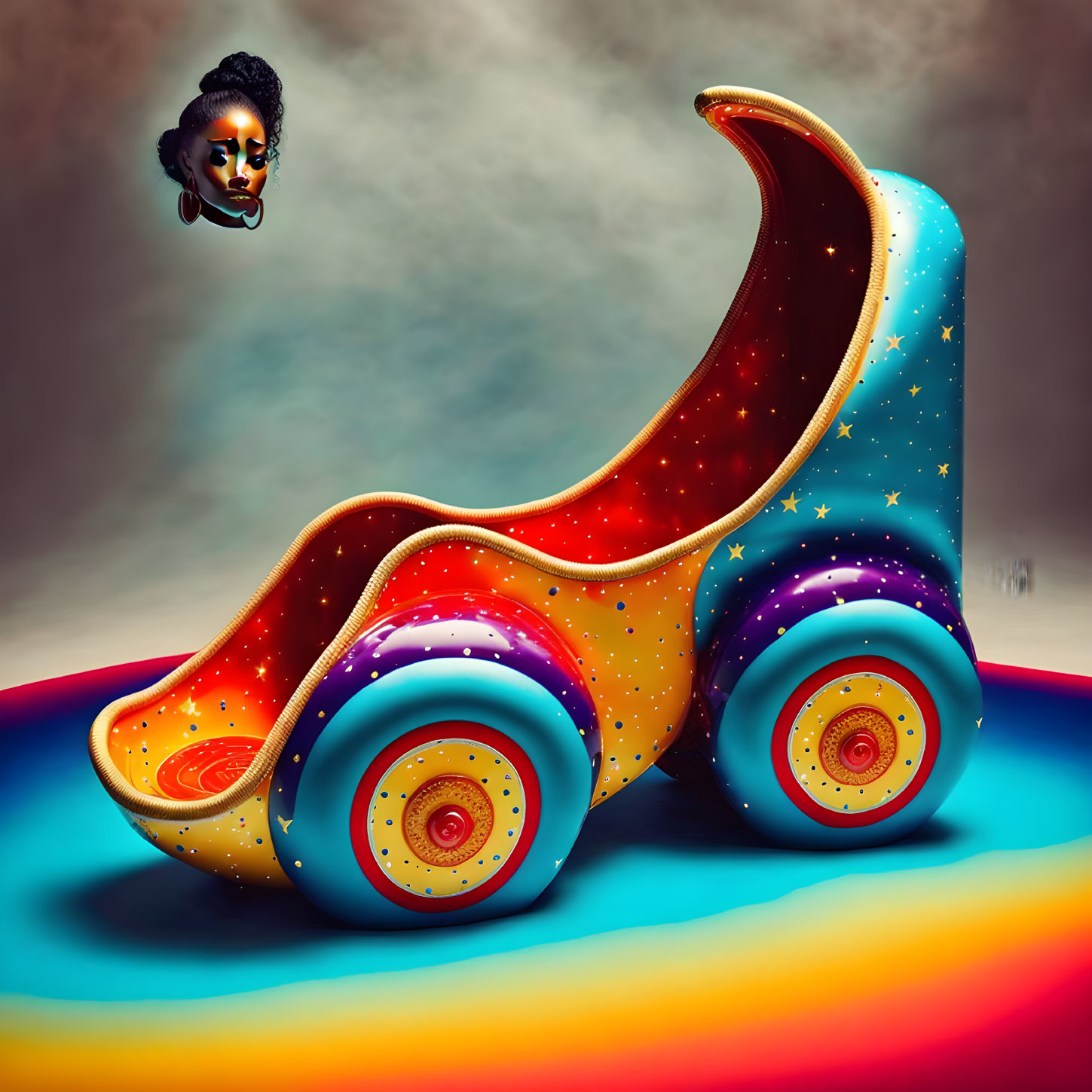 Colorful surreal roller skate with wave design on smoky background & floating masked face.