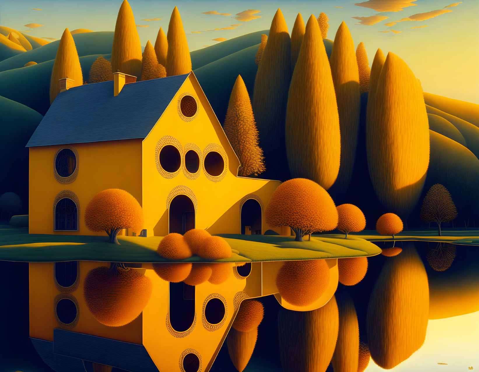 Surreal golden-yellow house in reflective landscape at dusk