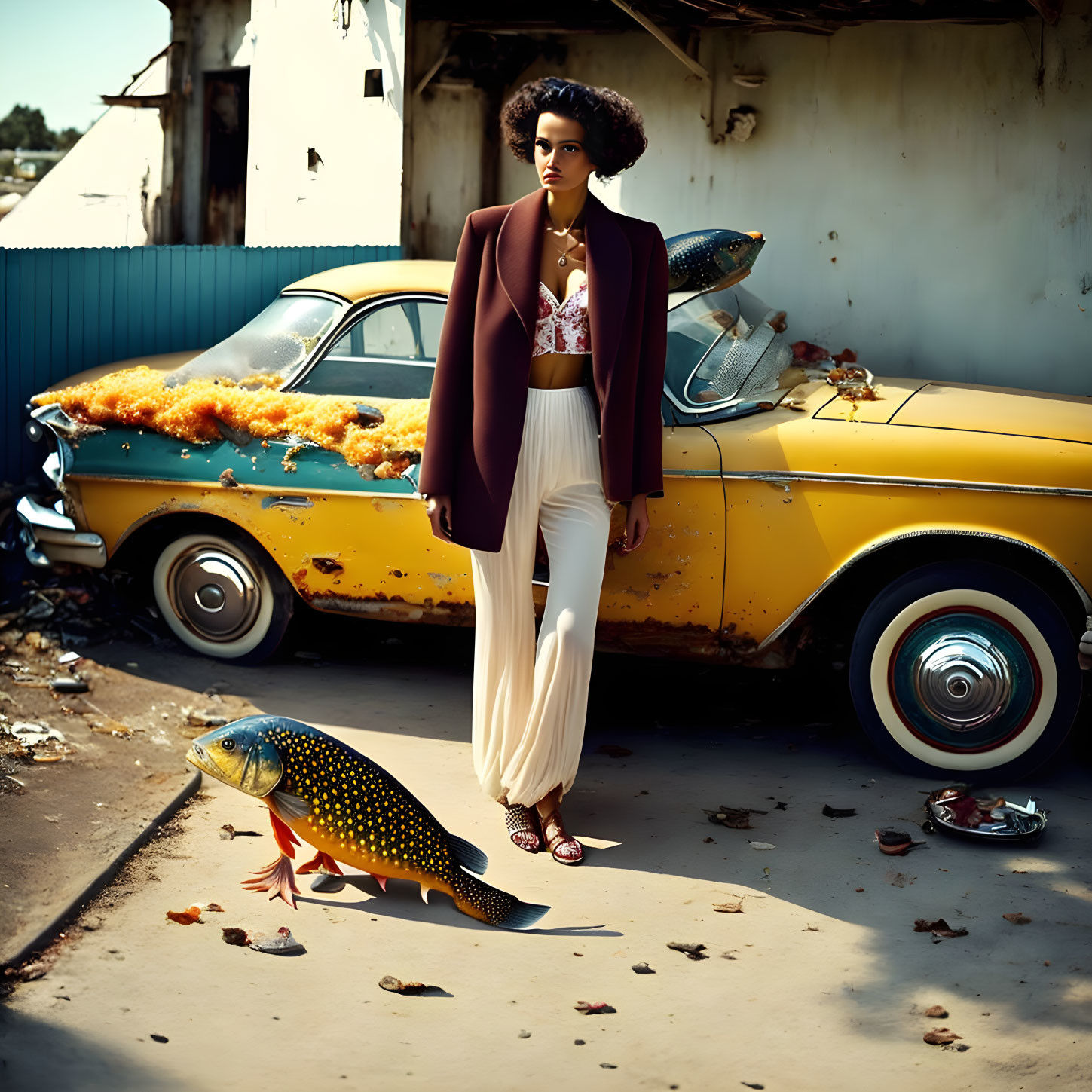 Stylish woman near vintage car and colorful fish in urban setting