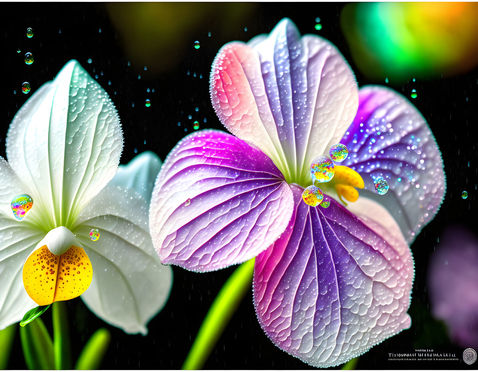 Vibrant flowers with water droplets and bubbles on dark background