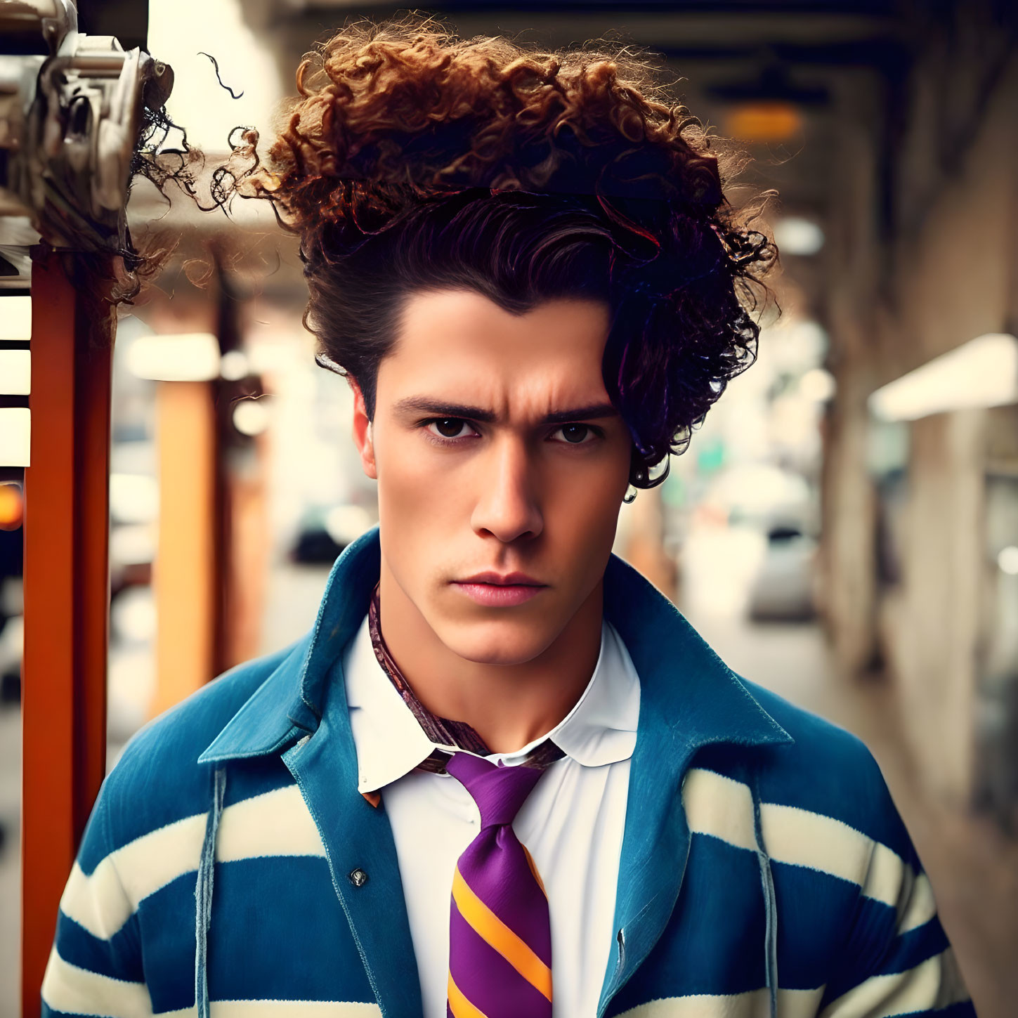 Young man in striped jacket, white shirt, and purple tie on urban street