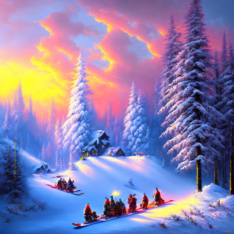 Snowy landscape with cottage, pine trees, and people on snowmobiles at dusk