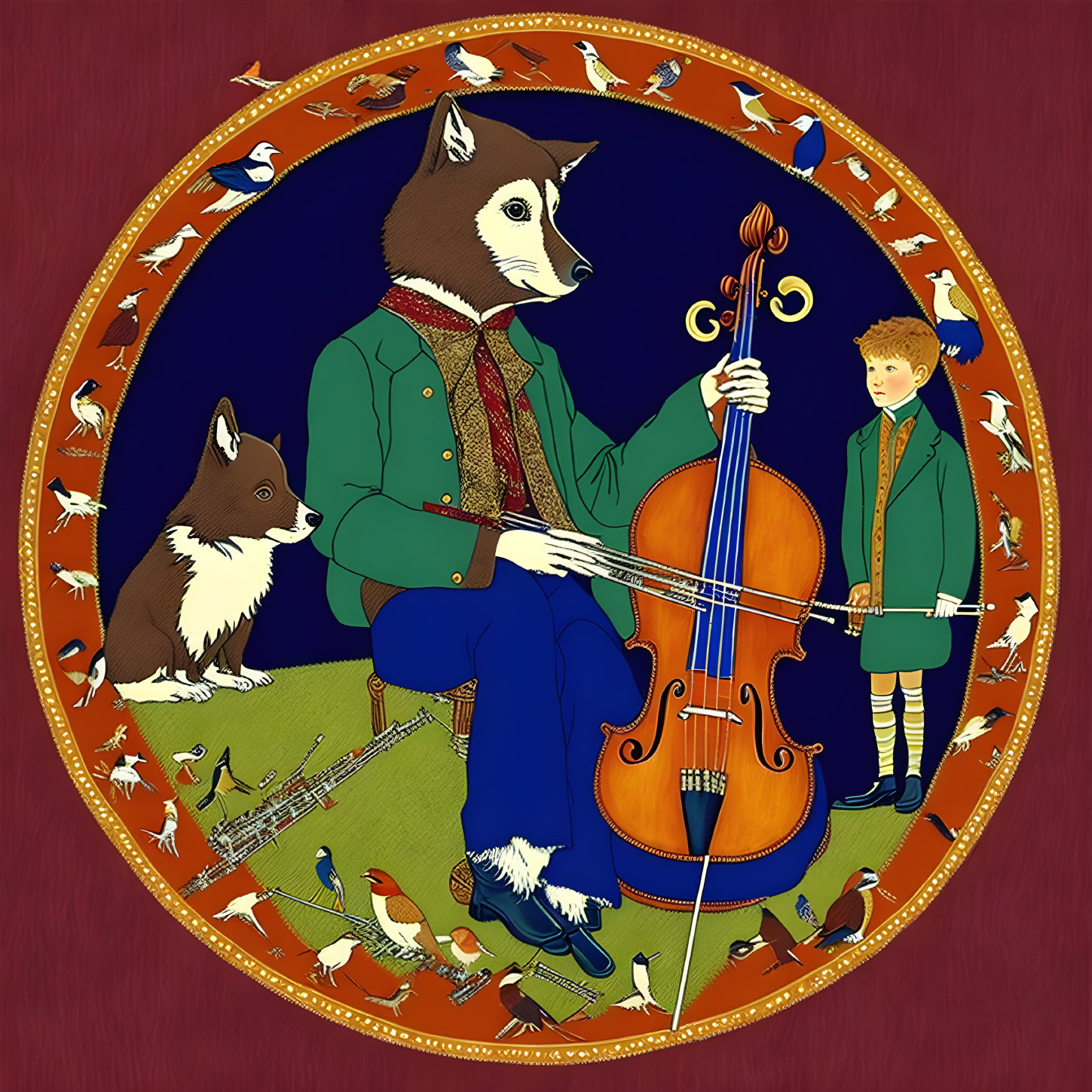 Anthropomorphic dog playing cello with boy and dog in ornate circular border.