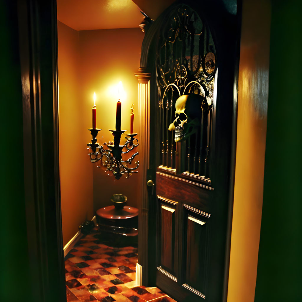 Dimly Lit Gothic Hallway with Candlelit Room and Skull