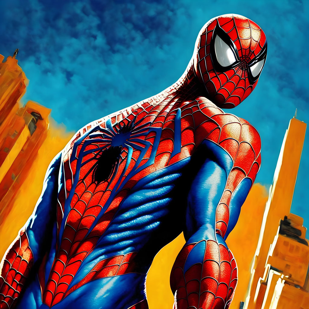 Colorful Spider-Man in red and blue suit amid yellow skyscrapers.