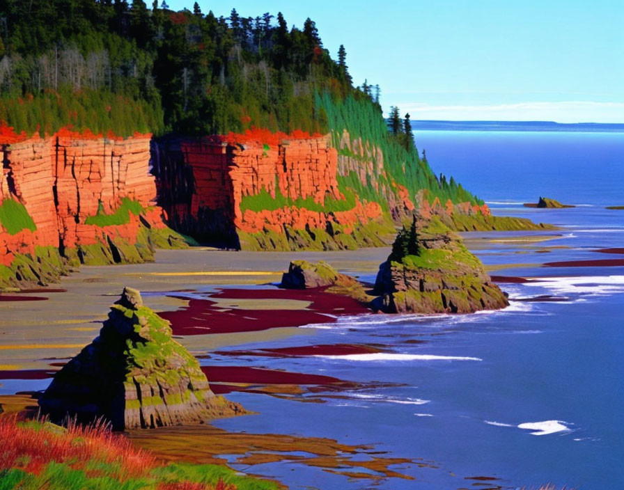 Scenic Coastal Landscape with Red Cliffs and Tidal Shoreline