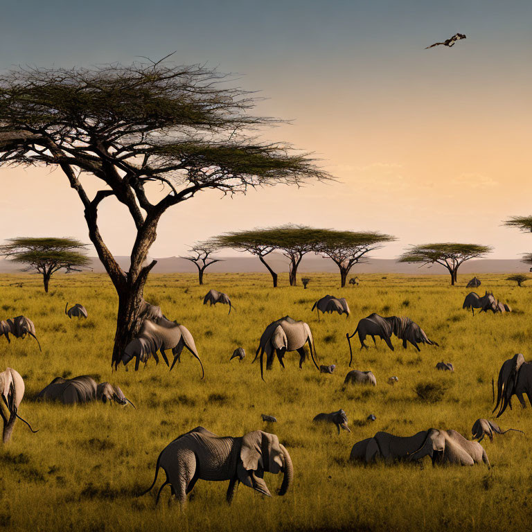 Elephants grazing in savanna with acacia trees and flying bird