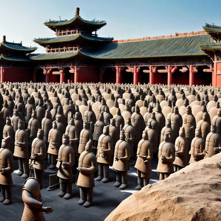 Ancient Chinese palace courtyard with rows of terracotta warrior statues