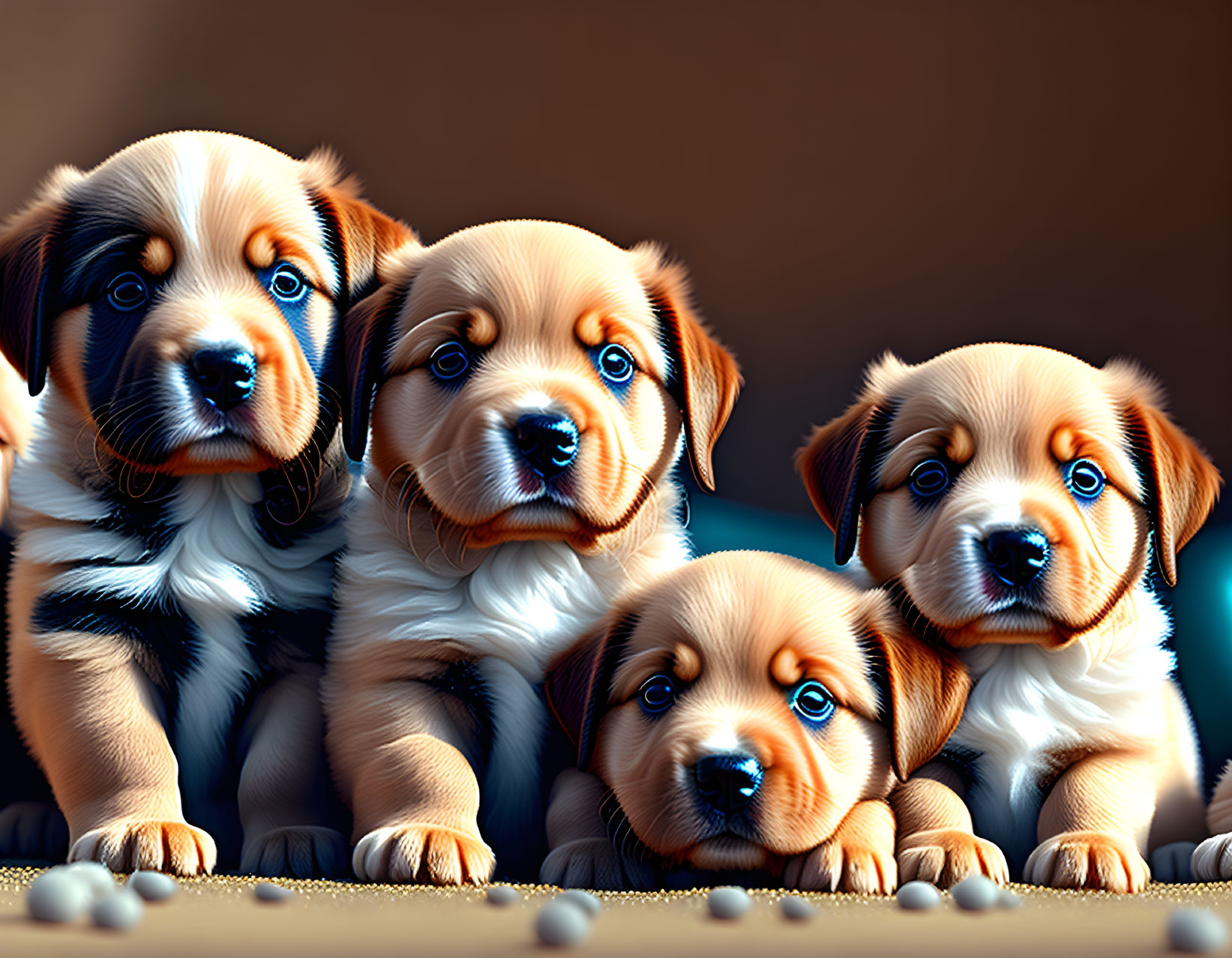 Four glossy fur puppies sitting against warm background