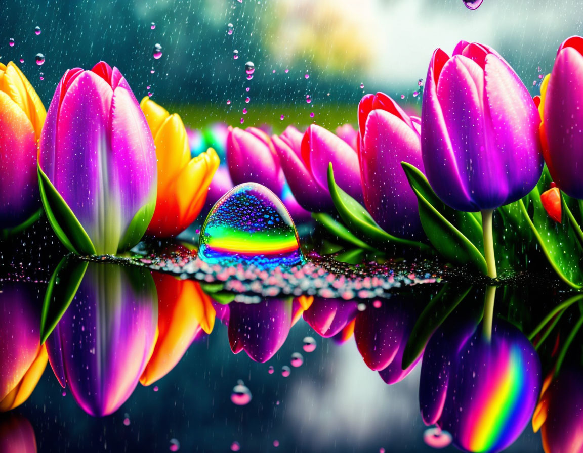 Colorful Tulips with Rainbow Water Droplet and Rain Reflections