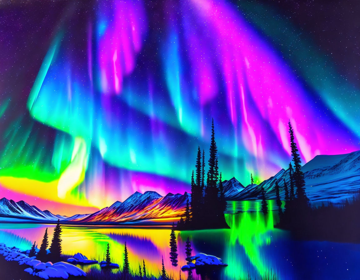 Vibrant Aurora Borealis above Snowy Mountain Lake