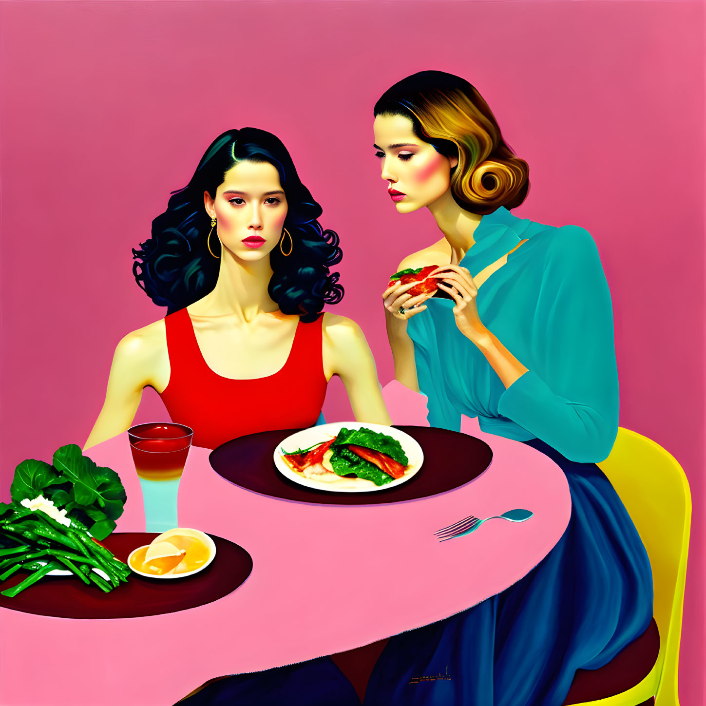 Two Women at Pink Table: Red Dress, Drink & Teal Blouse, Eating - Colorful