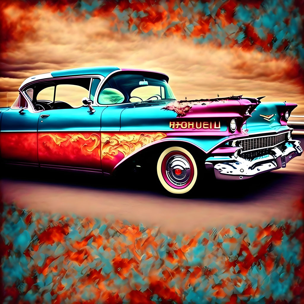 Vintage car with custom flame paint and rustic details on colorful blurred backdrop