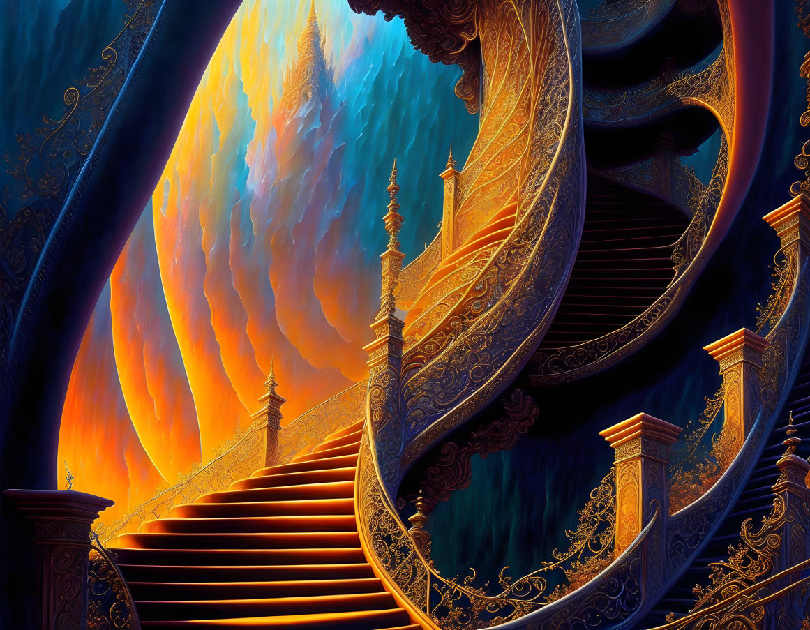 Ornate spiral staircase ascends amid mystical towers