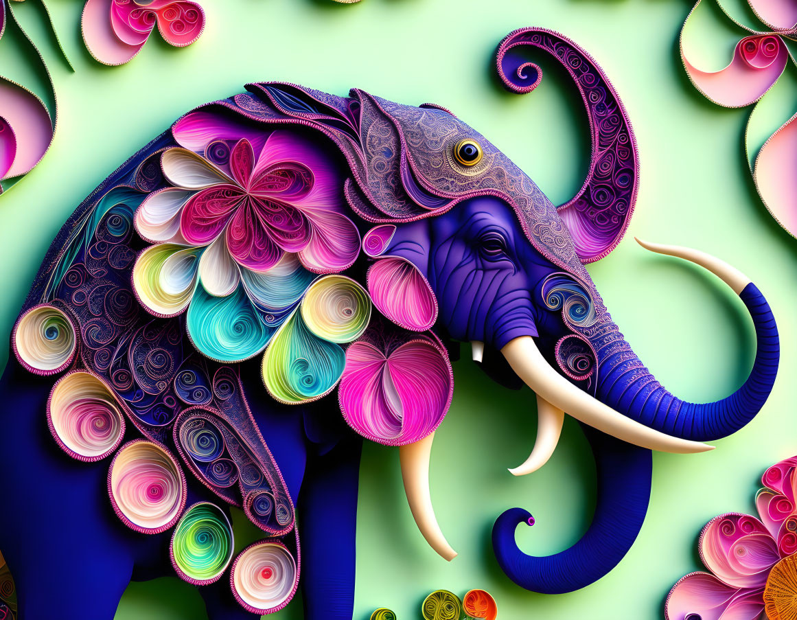 Colorful Floral Elephant Art on Green Background