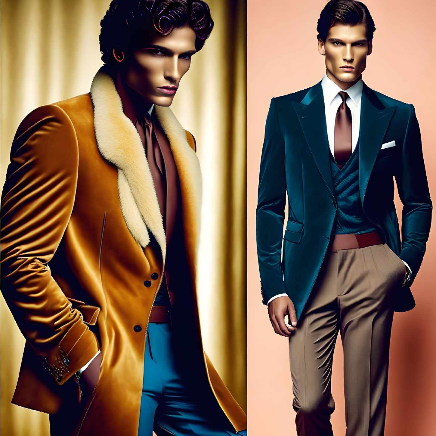 Men in Elegant Suits: Caramel Coat with Fur Collar and Teal Blazer