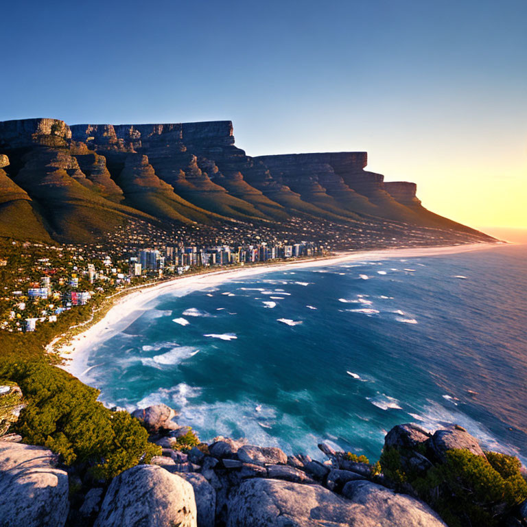 Coastal City Sunrise with Table Mountain and Curved Shoreline