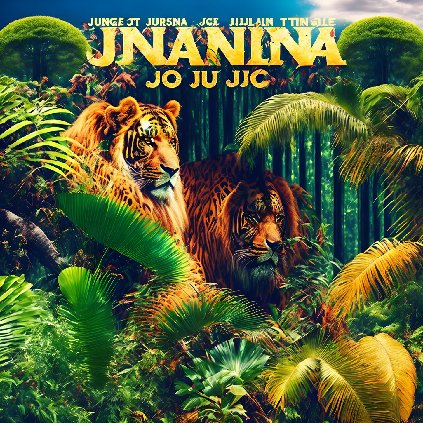 Two tigers in lush green tropical foliage with stylized text overlay; vibrant jungle ambiance