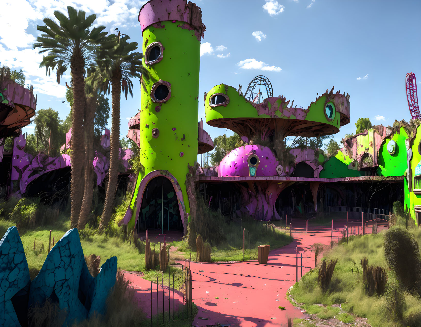 Vibrant digital art: Abandoned amusement park with monstrous sea creature theme