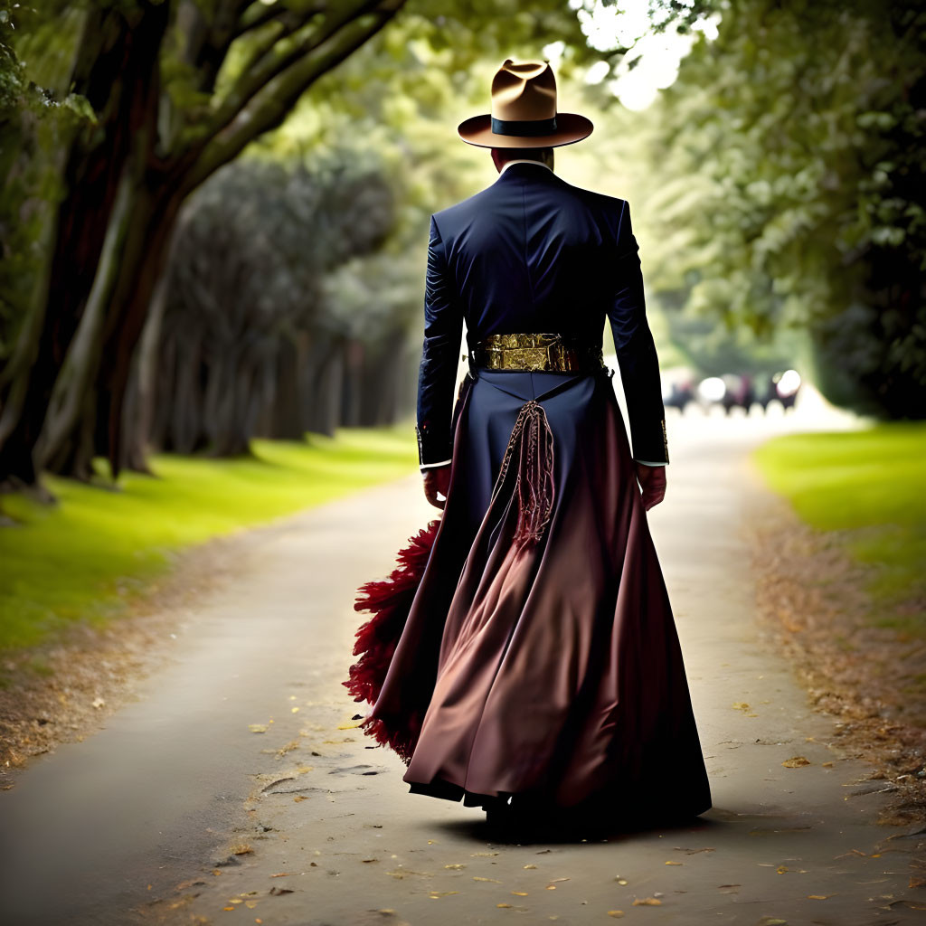 Traditional equestrian outfit walking down tree-lined path with horses in the background