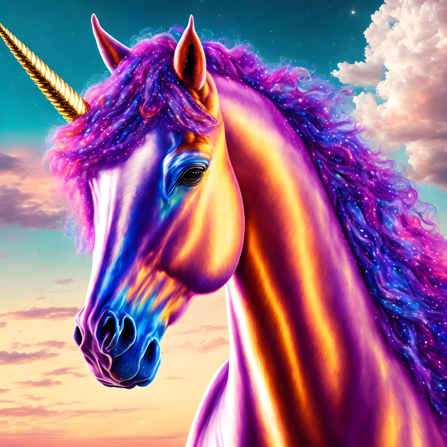 Colorful digital artwork: Unicorn with golden horn and pink-purple mane in sunset sky