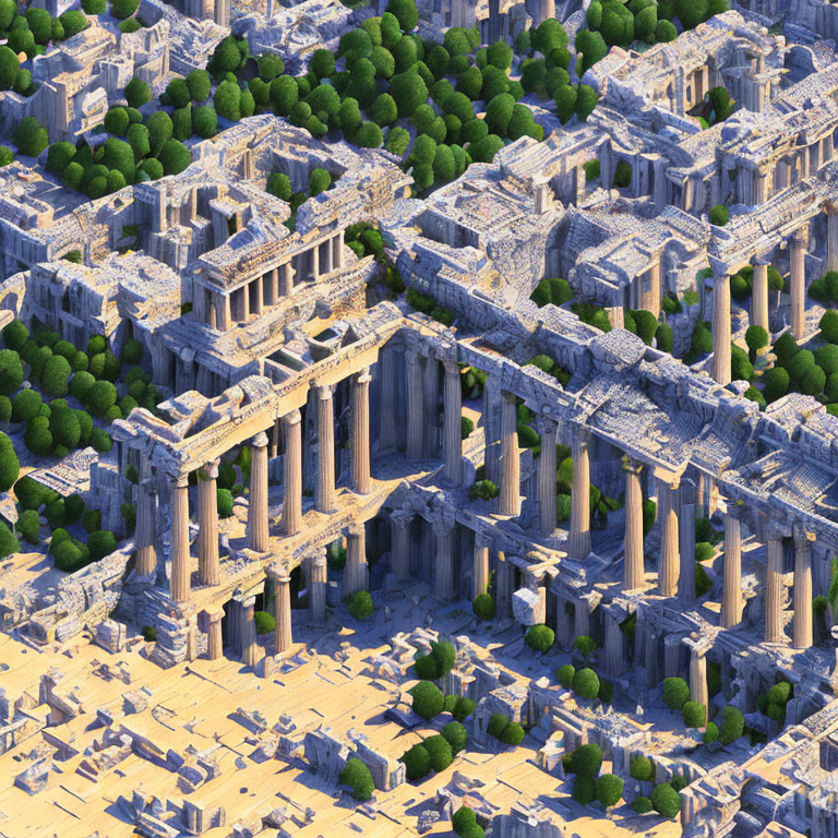 Ancient Greek temple ruins with columns in sunlight