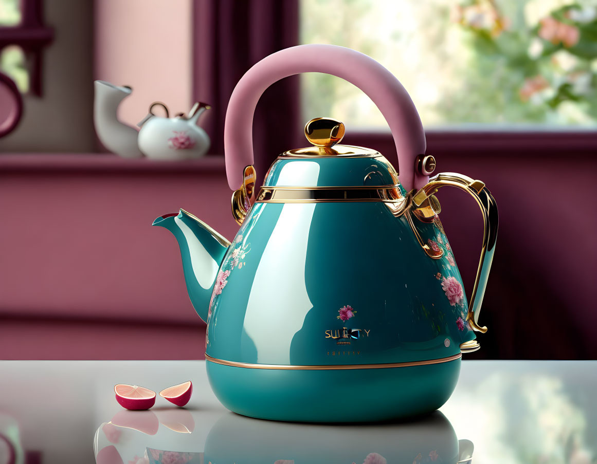 Teal kettle with gold accents and pink handle on reflective surface with pink petals and blurred teapot.