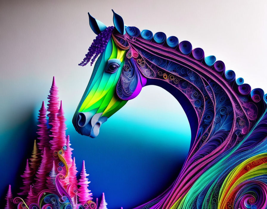 Colorful Stylized Horse Artwork with Flowing Mane and Spirals