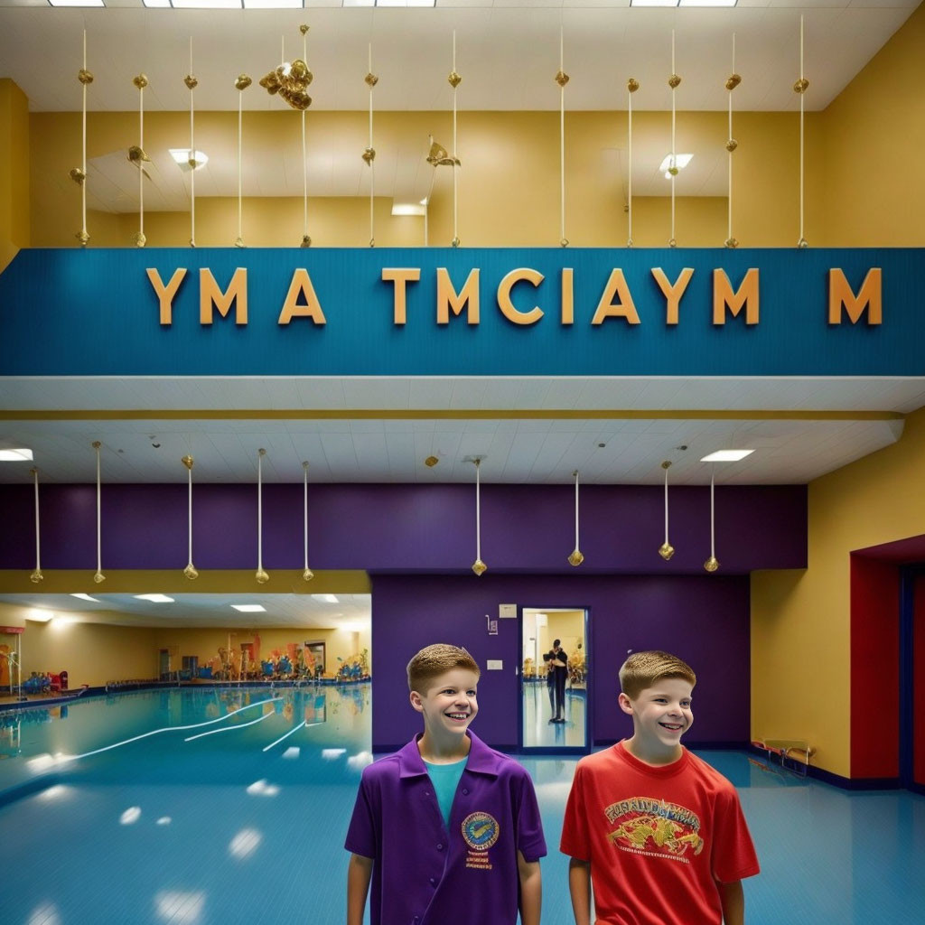 Two boys at indoor swimming pool with mirrored ceiling letters