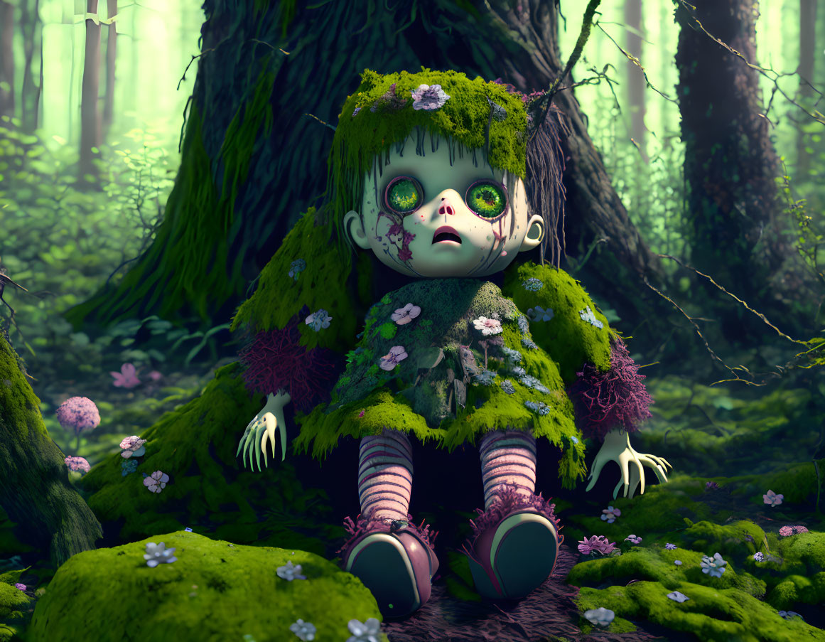 Green-eyed doll in mossy attire by tree in mystical forest