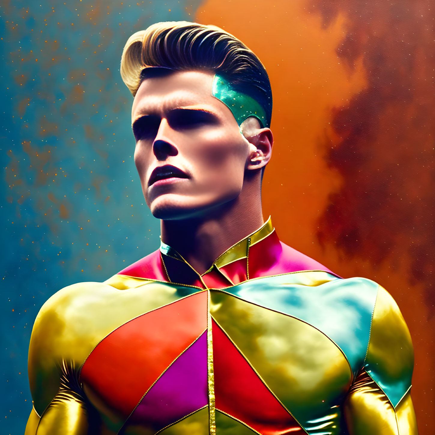 Cosmic-themed makeup and colorful superhero costume on vibrant background