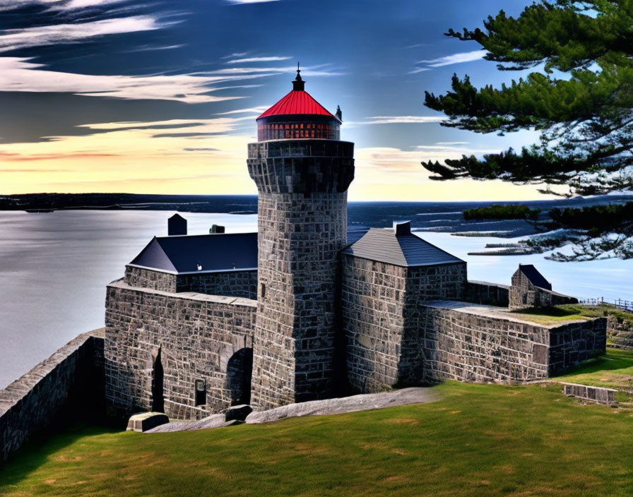 Stone fort with red-roofed circular tower by vast water, lush greenery, dramatic sky