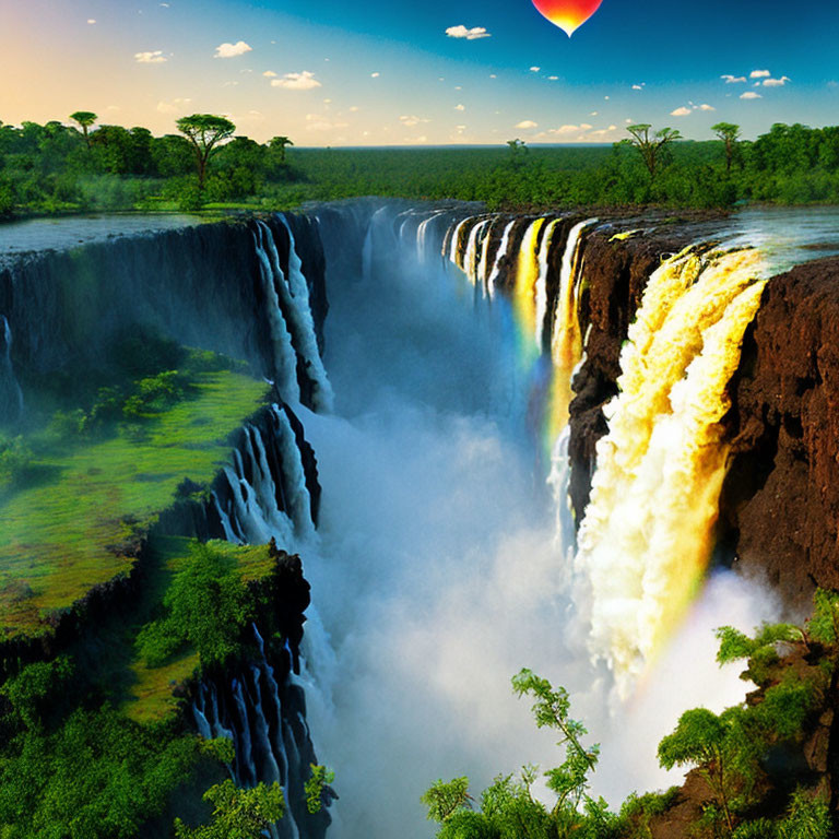 Scenic waterfall with lush greenery and hot air balloon in the background