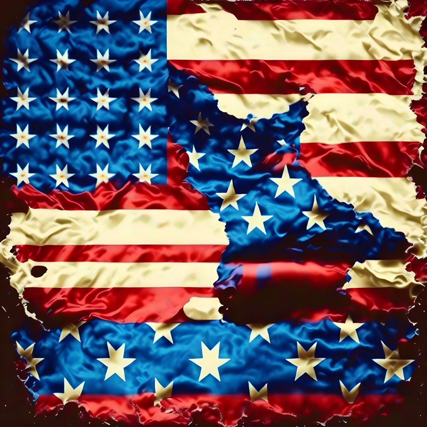 Crumpled American flag with vintage texture in red, white, and blue